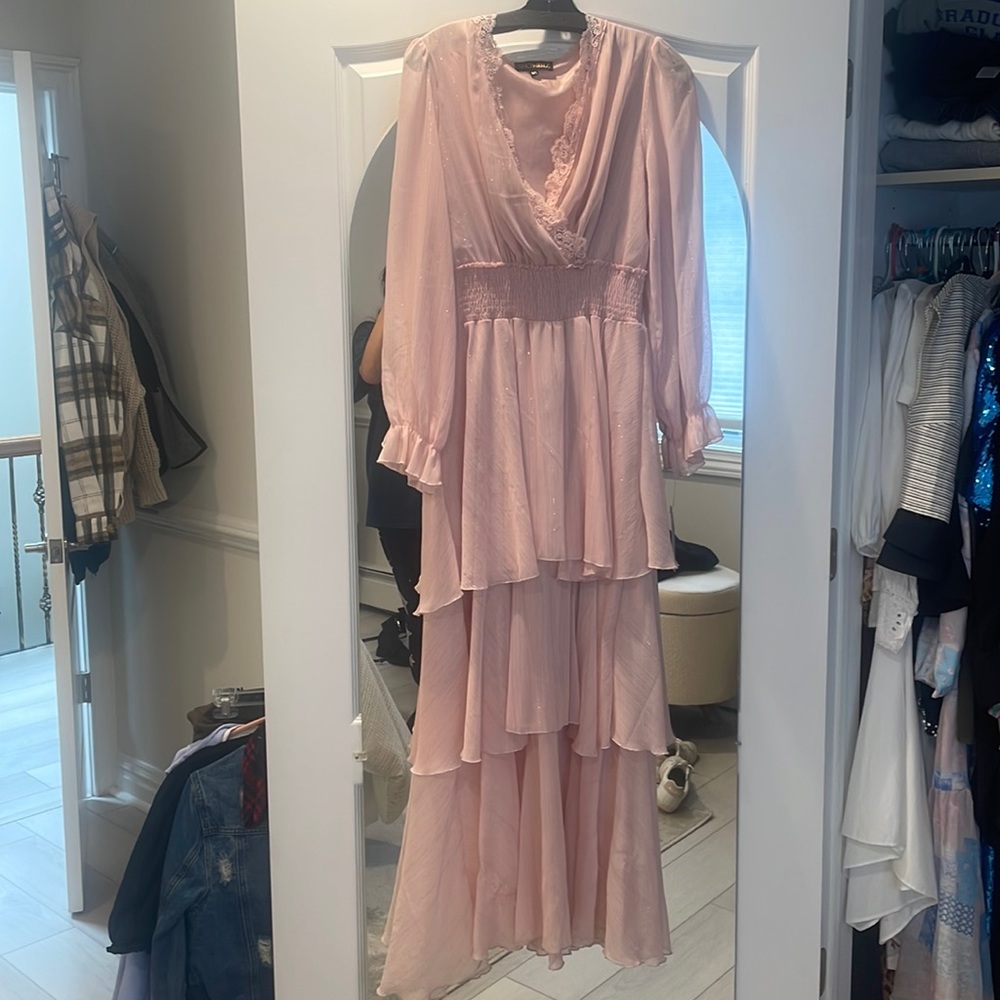 Modest Pink Long Sleeve Evening Dress